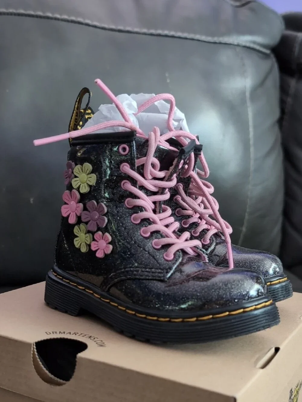 Dr. Martens Kids Black Glitter Lace-Up Boots with Pink Floral Accents